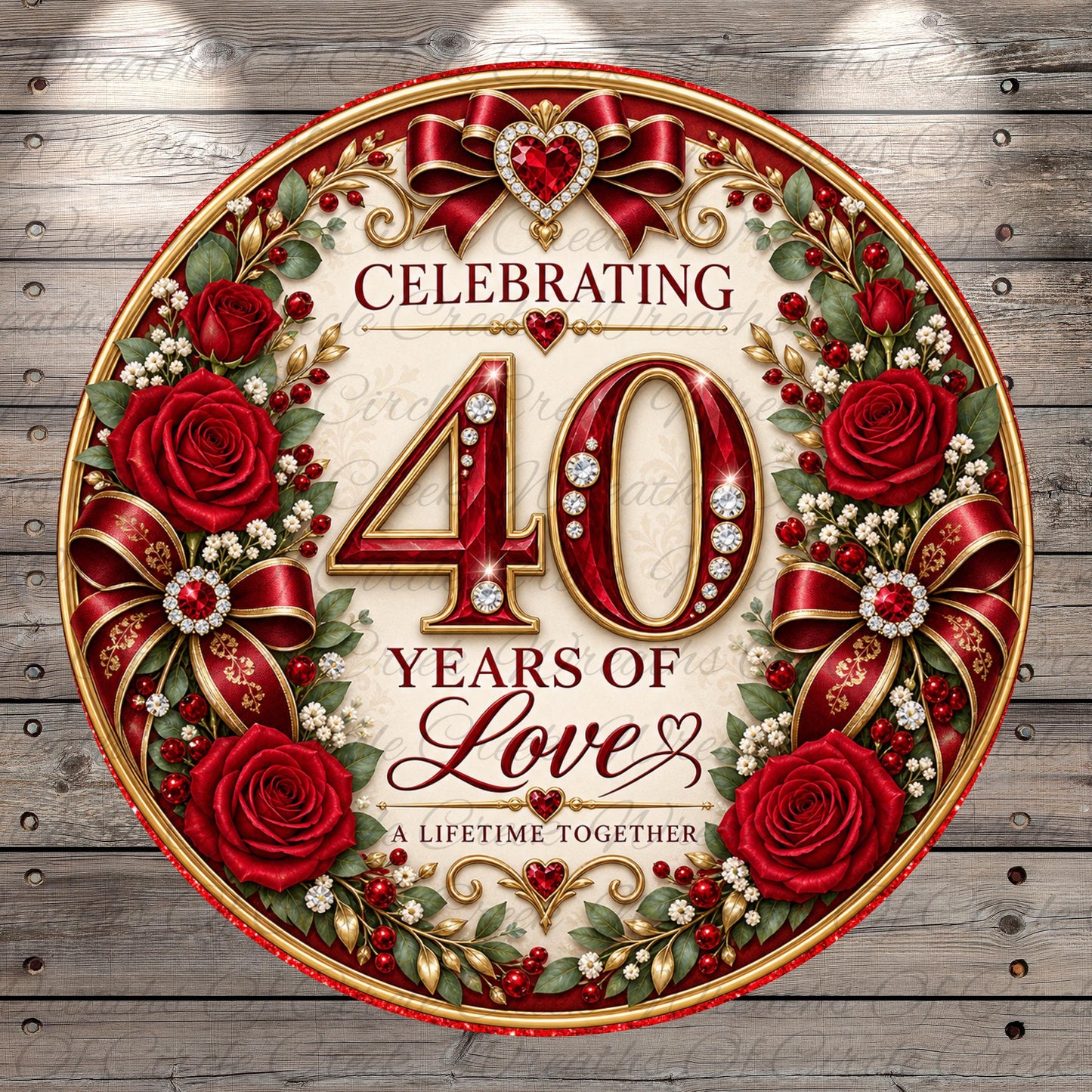 The image is a celebratory graphic design featuring a large number "40" surrounded by red roses, ribbons, and other decorative elements. The text "CELEBRATING 40 YEARS OF LOVE" is prominently displayed, emphasizing the theme of the design.