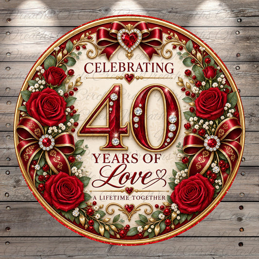 The image is a celebratory graphic design featuring a large number "40" surrounded by red roses, ribbons, and other decorative elements. The text "CELEBRATING 40 YEARS OF LOVE" is prominently displayed, emphasizing the theme of the design.