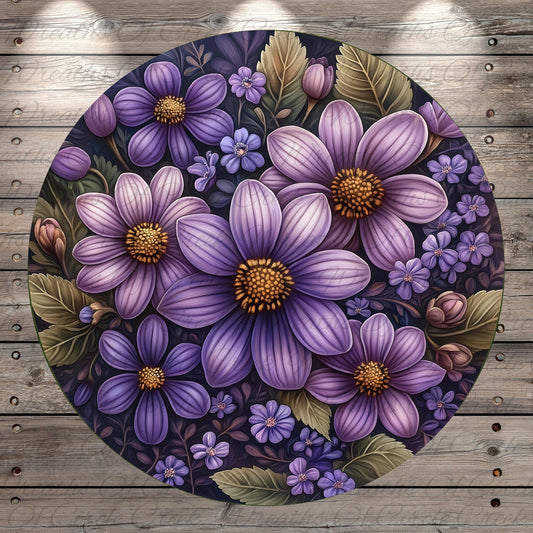 a painting of purple flowers on a wooden background