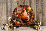 A decorative wreath featuring a rooster surrounded by fall-themed elements such as pumpkins, gourds, and flowers, set against a rustic wooden background.