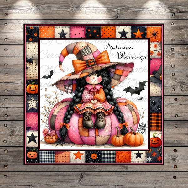 a whimsical illustration of a young girl dressed as a witch, sitting on a pumpkin and holding a spider. The background is filled with various Halloween-themed elements, including bats, pumpkins, and stars. The overall design has a festive and playful atmosphere, with the girl's attire and the Halloween motifs creating a sense of autumnal charm.
