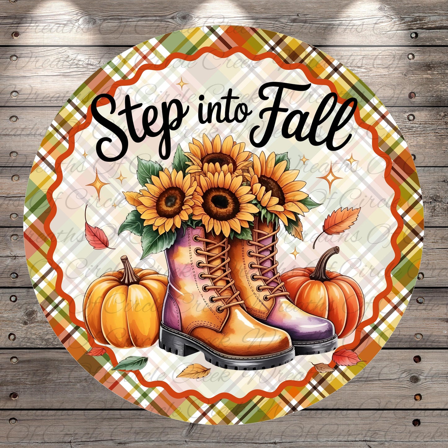 A round decorative plate with a plaid border, featuring a pair of boots, sunflowers, pumpkins, and leaves, along with the text "Step into Fall".