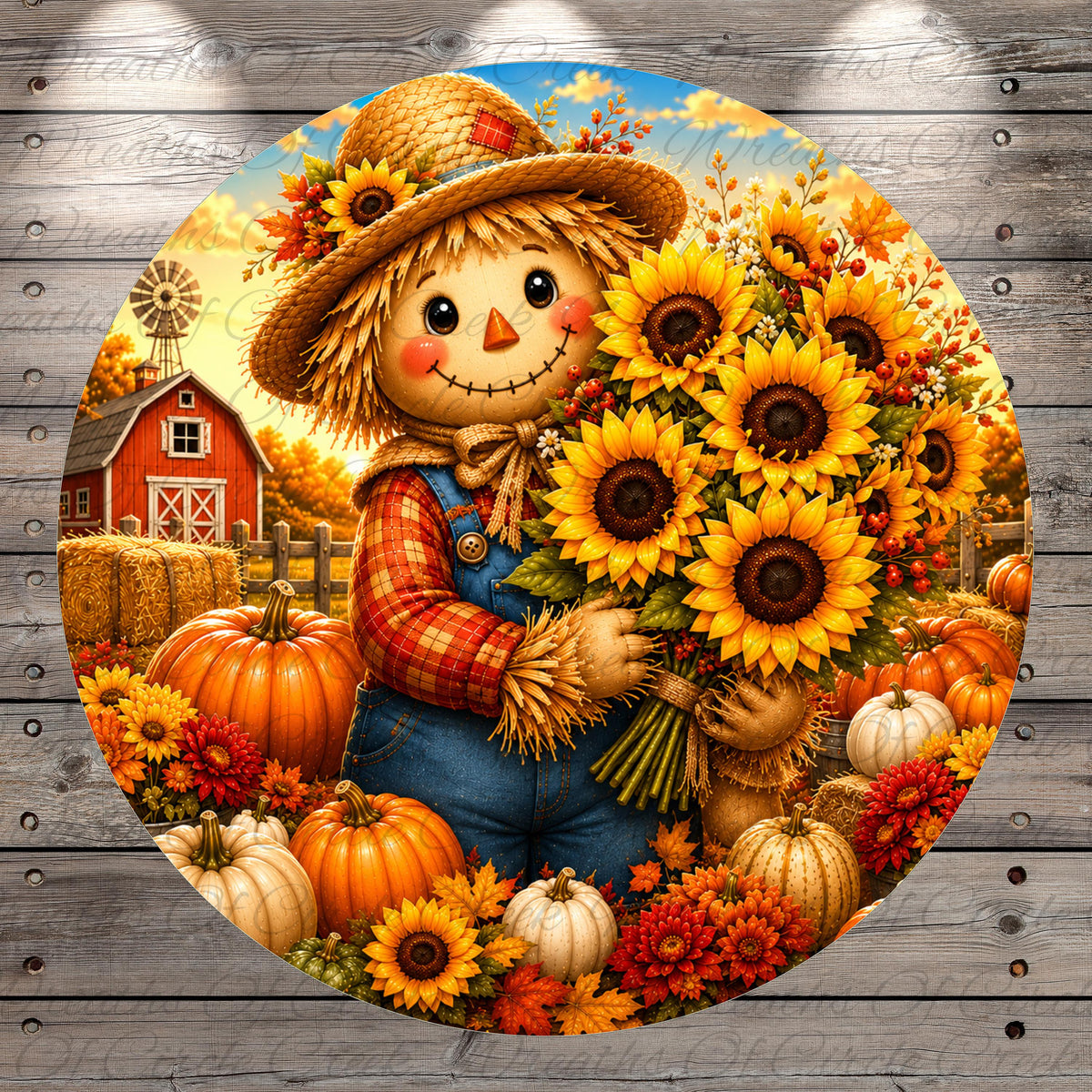 A cheerful scarecrow stands amidst a vibrant autumn scene, holding a bouquet of sunflowers and surrounded by pumpkins and gourds.