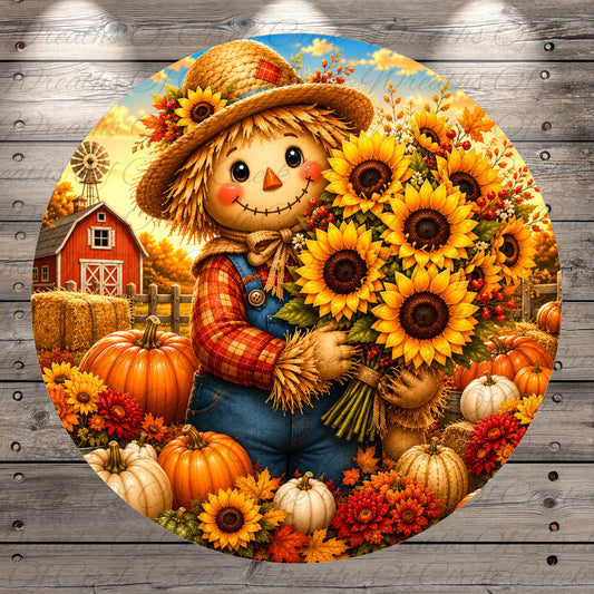 A cheerful scarecrow stands amidst a vibrant autumn scene, holding a bouquet of sunflowers and surrounded by pumpkins and gourds.