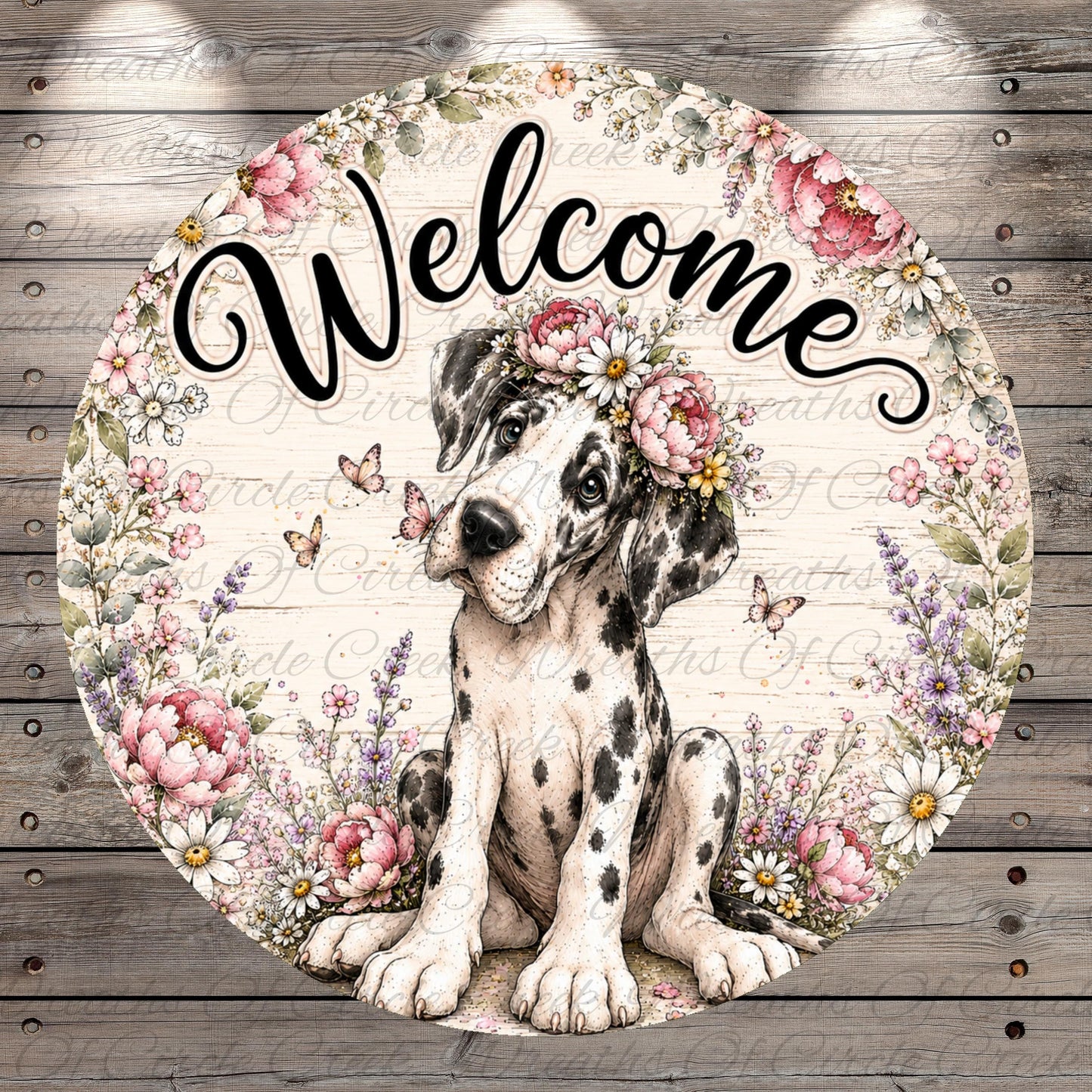 A welcome sign featuring a spotted dog surrounded by flowers and butterflies.