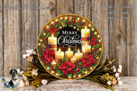 A festive Christmas wreath with lit candles, poinsettias, and other holiday decorations, displayed on a wooden surface.