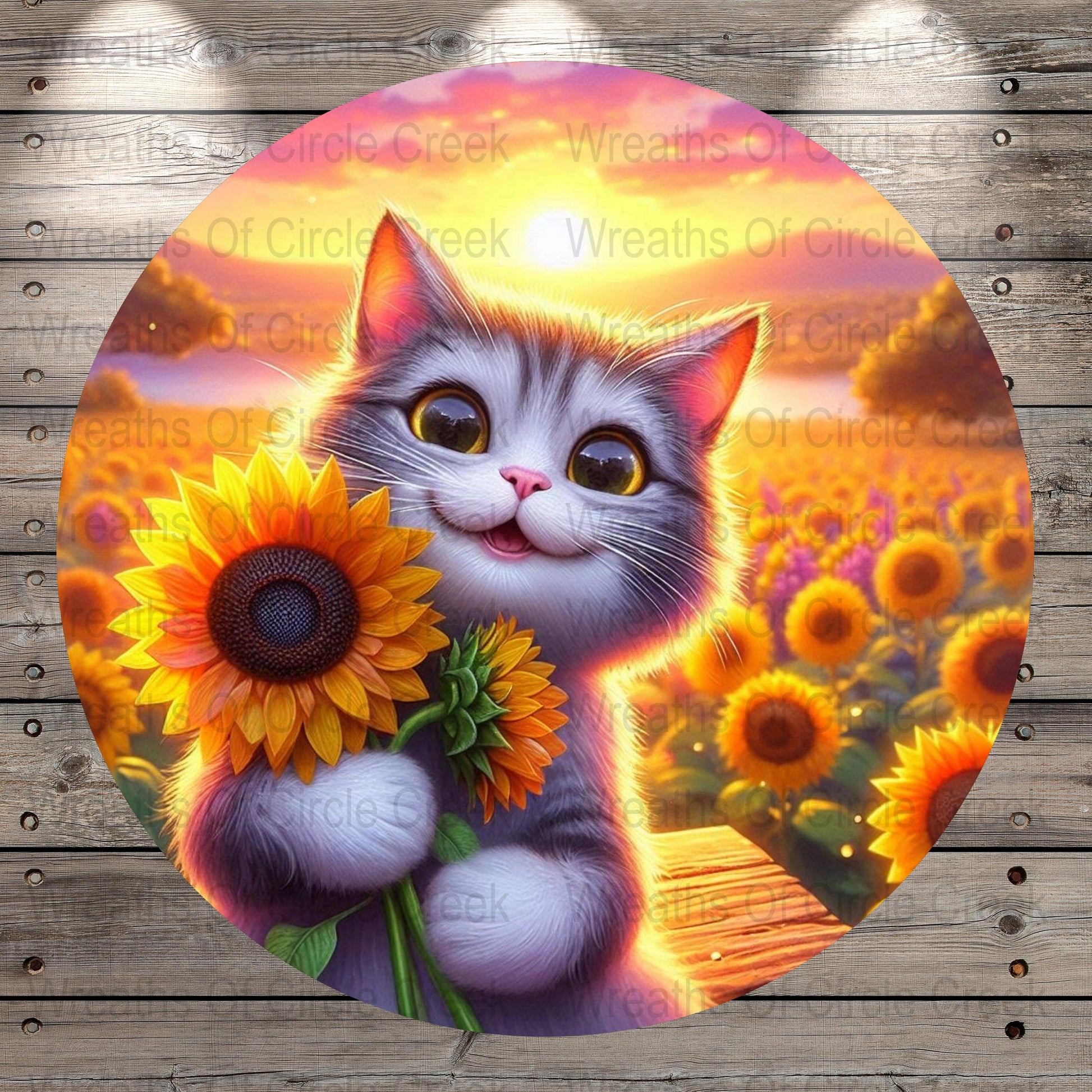 Cute Cat with Sunflower Art Print, Charming Kitten in Sunflower Field, Colorful Wall Decor, Round Floral Cat Illustration
