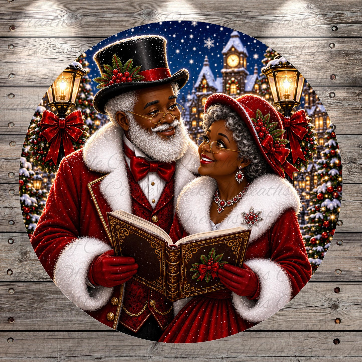 A man and a woman dressed in festive red coats and hats are standing together and reading a book, with a snowy village and Christmas trees in the background.