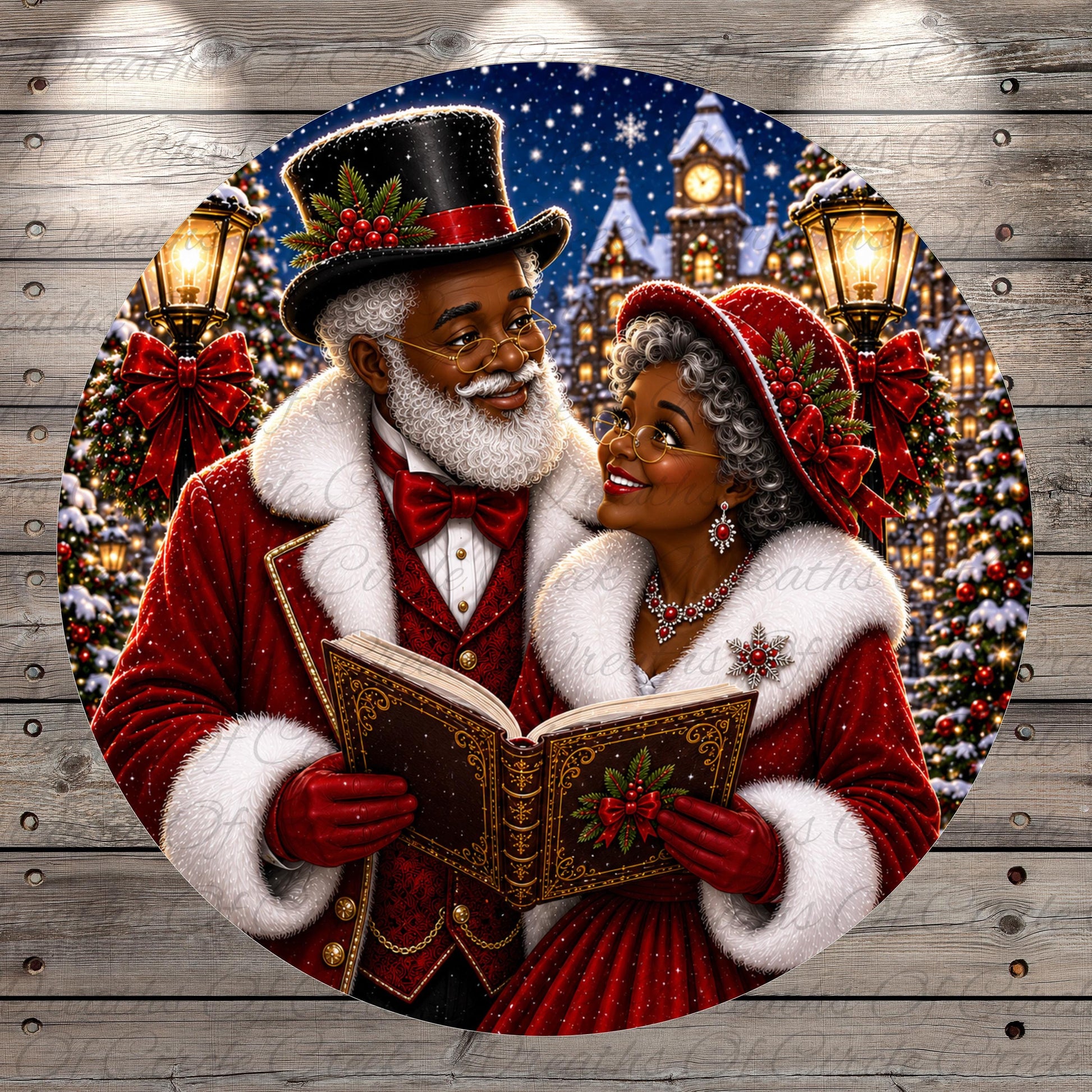 A man and a woman dressed in festive red coats and hats are standing together and reading a book, with a snowy village and Christmas trees in the background.