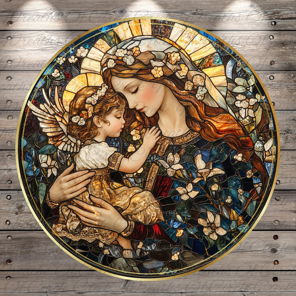 A stained glass image depicting the Virgin Mary holding the baby Jesus, surrounded by flowers and ornate details.
