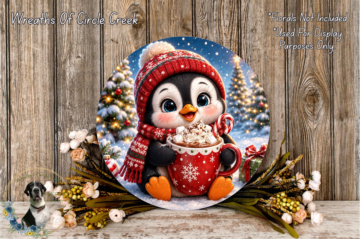 A festive winter scene featuring a cute penguin holding a mug of hot chocolate, surrounded by snowflakes, pine trees, and holiday decorations.