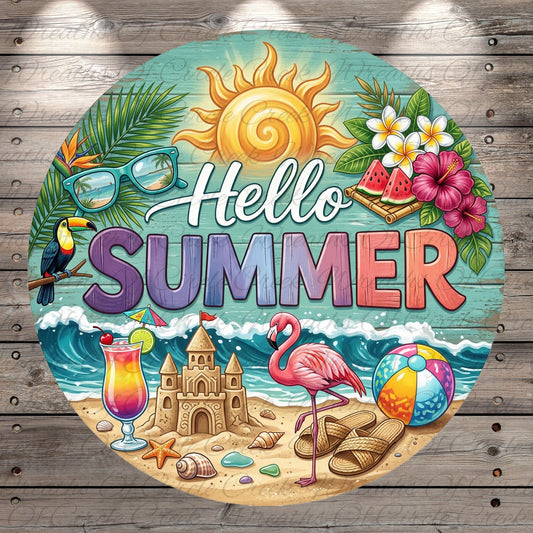 A vibrant illustration of a beach scene with various summer-themed elements, including a sun, palm tree, flowers, a flamingo, a castle, a beach ball, sunglasses, and a cocktail glass. The text "Hello Summer" is prominently displayed in the center of the image.