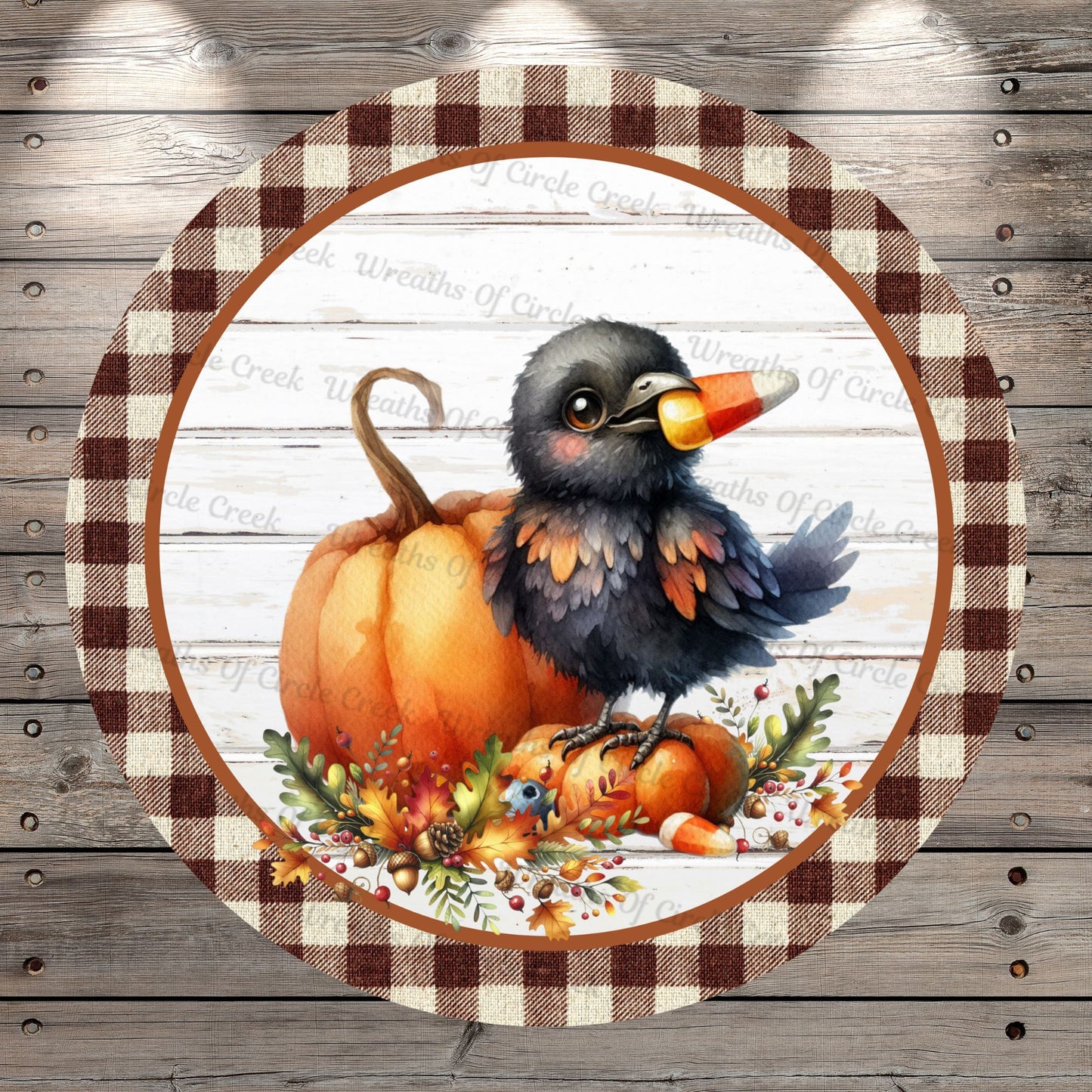 Crow With Candy Corn, Welcome, Fall, Halloween, Plaid Border, Round UV Coated, Metal, Light Weight, Wreath Sign, No Holes In Sign