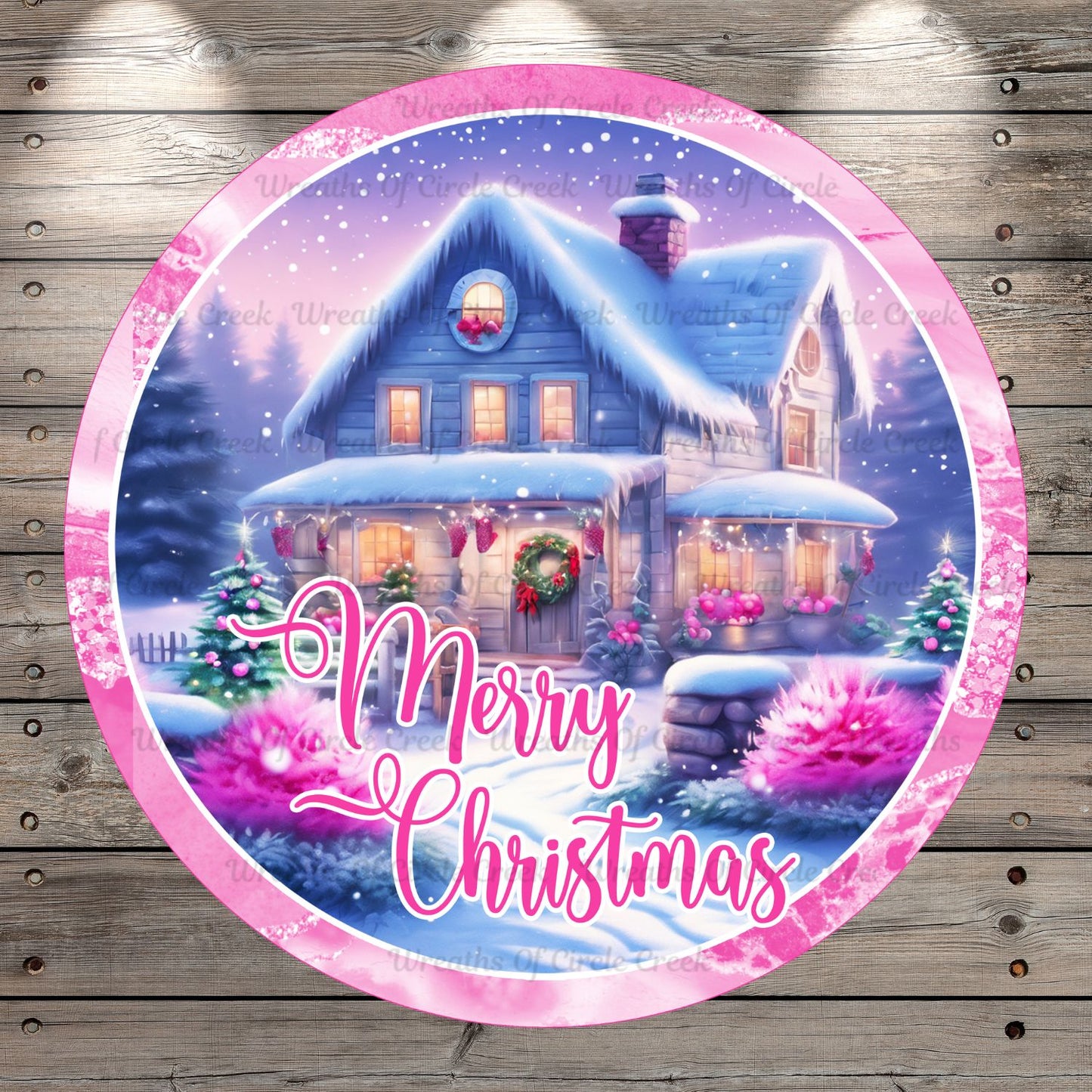 Pink Christmas, Farmhouse Scene In Snow, Merry Christmas, Round, Light Weight, Metal Wreath Sign, No Holes