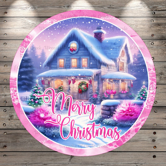 Pink Christmas, Farmhouse Scene In Snow, Merry Christmas, Round, Light Weight, Metal Wreath Sign, No Holes