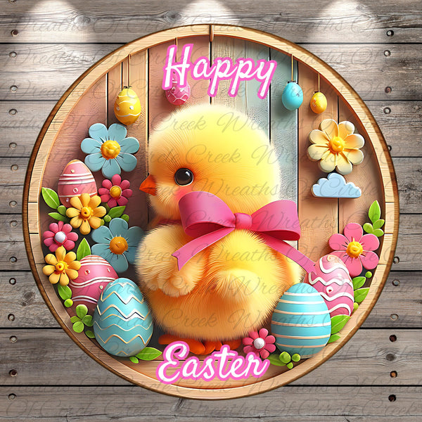 A cheerful Easter wreath featuring a cute yellow chick surrounded by colorful Easter eggs, flowers, and a pink bow.