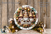 A festive Christmas wreath with three gnomes and various holiday decorations, including gold and red ornaments, greenery, and a "Merry Christmas" banner.