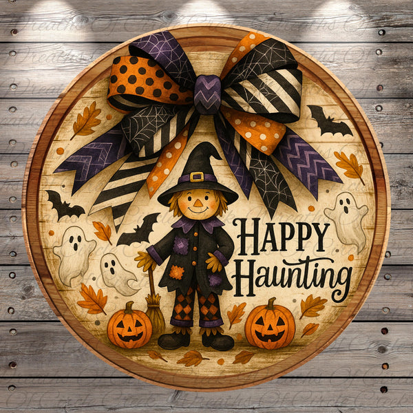 a wooden plaque with a scarecrow and pumpkins on it