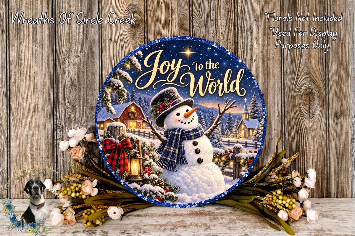A snowman is depicted in a winter scene, surrounded by a wreath of flowers and a lantern, with a blue and white sign that reads "Joy to the World" in the background.
