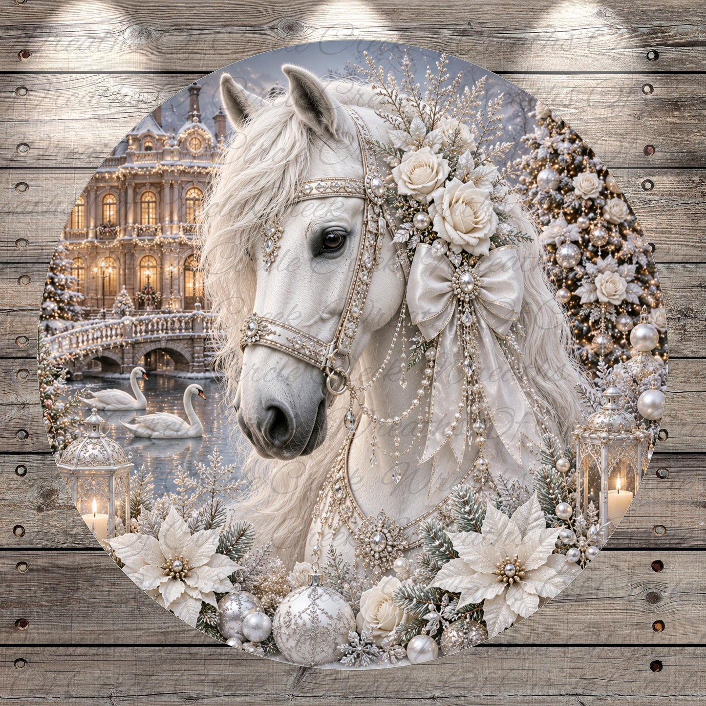 A white horse adorned with a floral headpiece stands in a snowy landscape, surrounded by a wreath of flowers, a Christmas tree, and a bridge in the background.