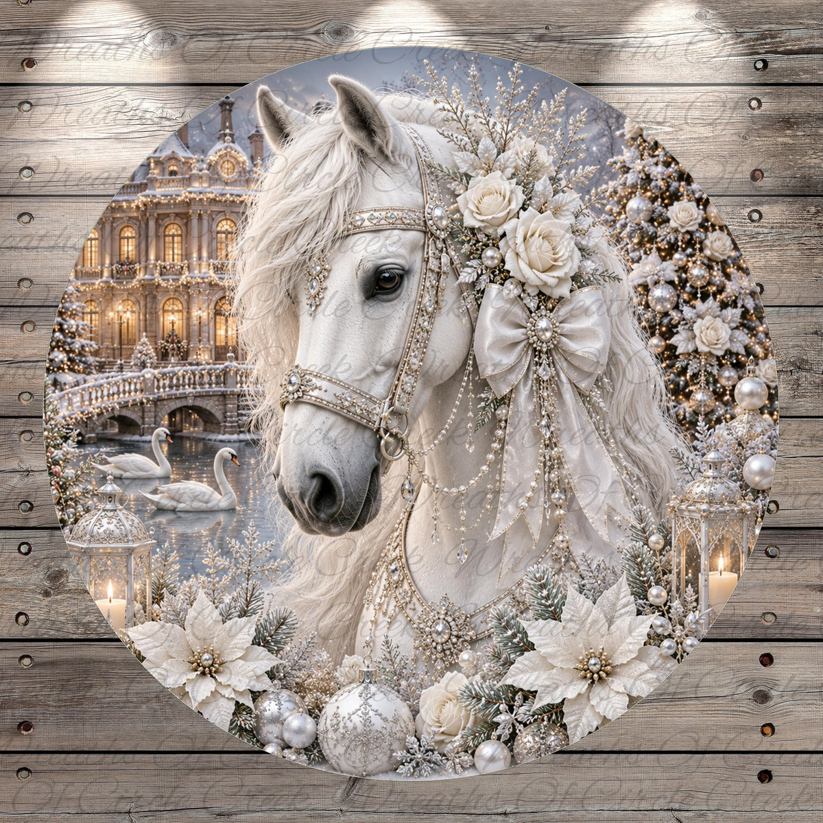 A white horse adorned with a floral headpiece stands in a snowy landscape, surrounded by a wreath of flowers, a Christmas tree, and a bridge in the background.