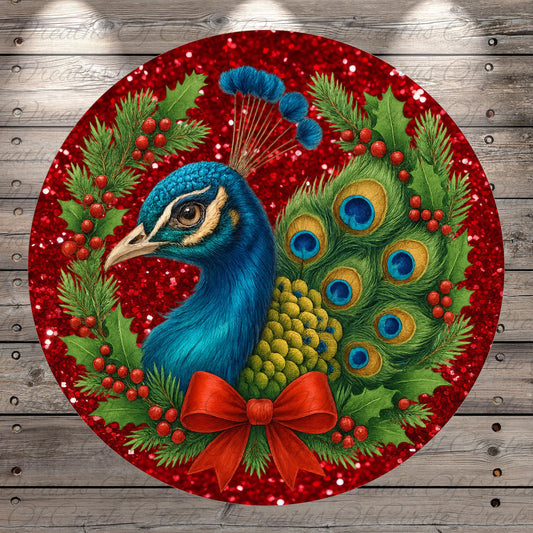 A vibrant peacock with a red bow, surrounded by a festive wreath of red berries, holly leaves, and a red ribbon.