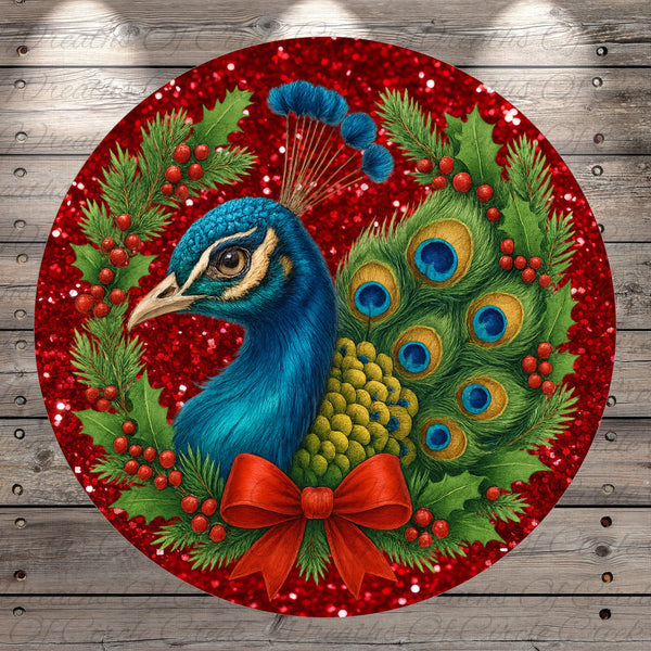 A vibrant peacock with a red bow, surrounded by a festive wreath of red berries, holly leaves, and a red ribbon.