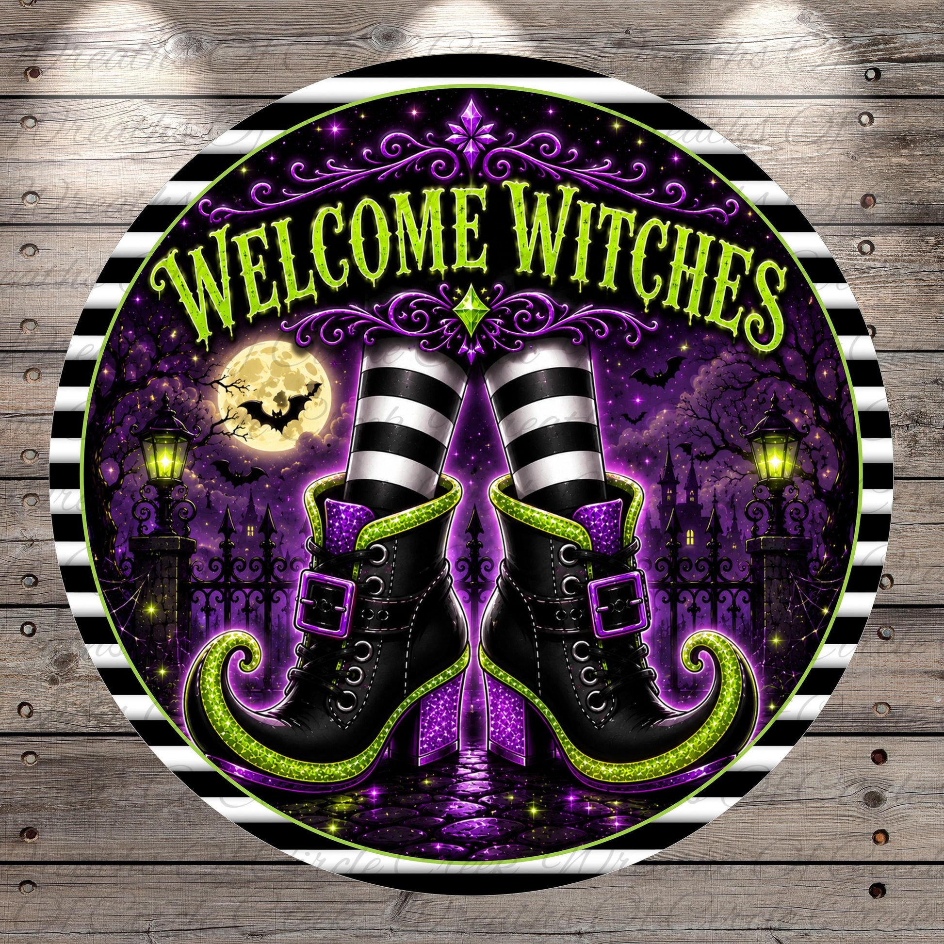 A circular sign with the text "WELCOME WITCHES" and a pair of witch's boots against a purple and green background with bats, a full moon, and a castle.