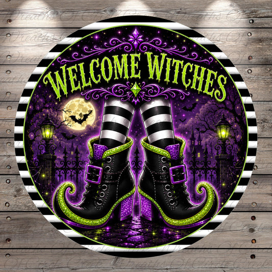 A circular sign with the text "WELCOME WITCHES" and a pair of witch's boots against a purple and green background with bats, a full moon, and a castle.