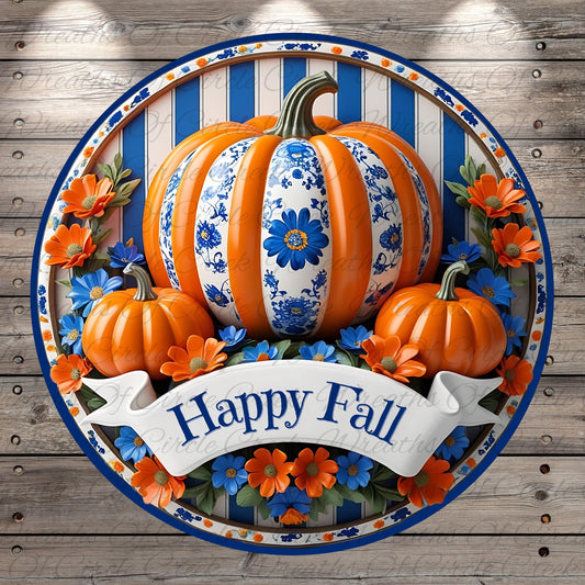 A decorative round sign with a blue and white floral pattern, featuring a large orange pumpkin surrounded by smaller pumpkins and orange flowers. The sign has a banner that says "Happy Fall".