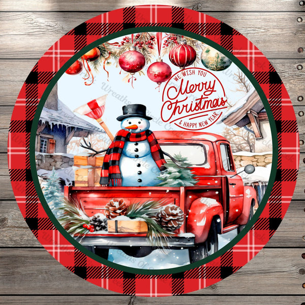 Snowman In Red Farm Truck, Merry Christmas, Black And Red Plaid, Round, Light Weight, Metal Wreath Sign, No Holes