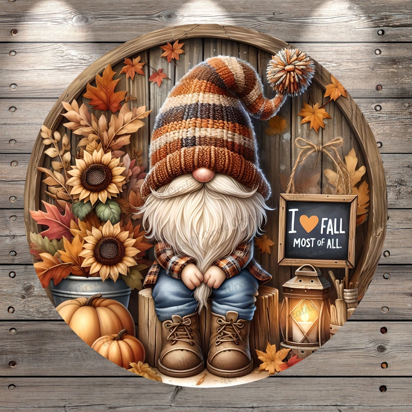 Fall Gnome, I Love Fall, Most Of All, Sunflowers, Pumpkins, Plaid, Rustic, Round, Light Weight, Metal Wreath Sign, No Holes In Sign