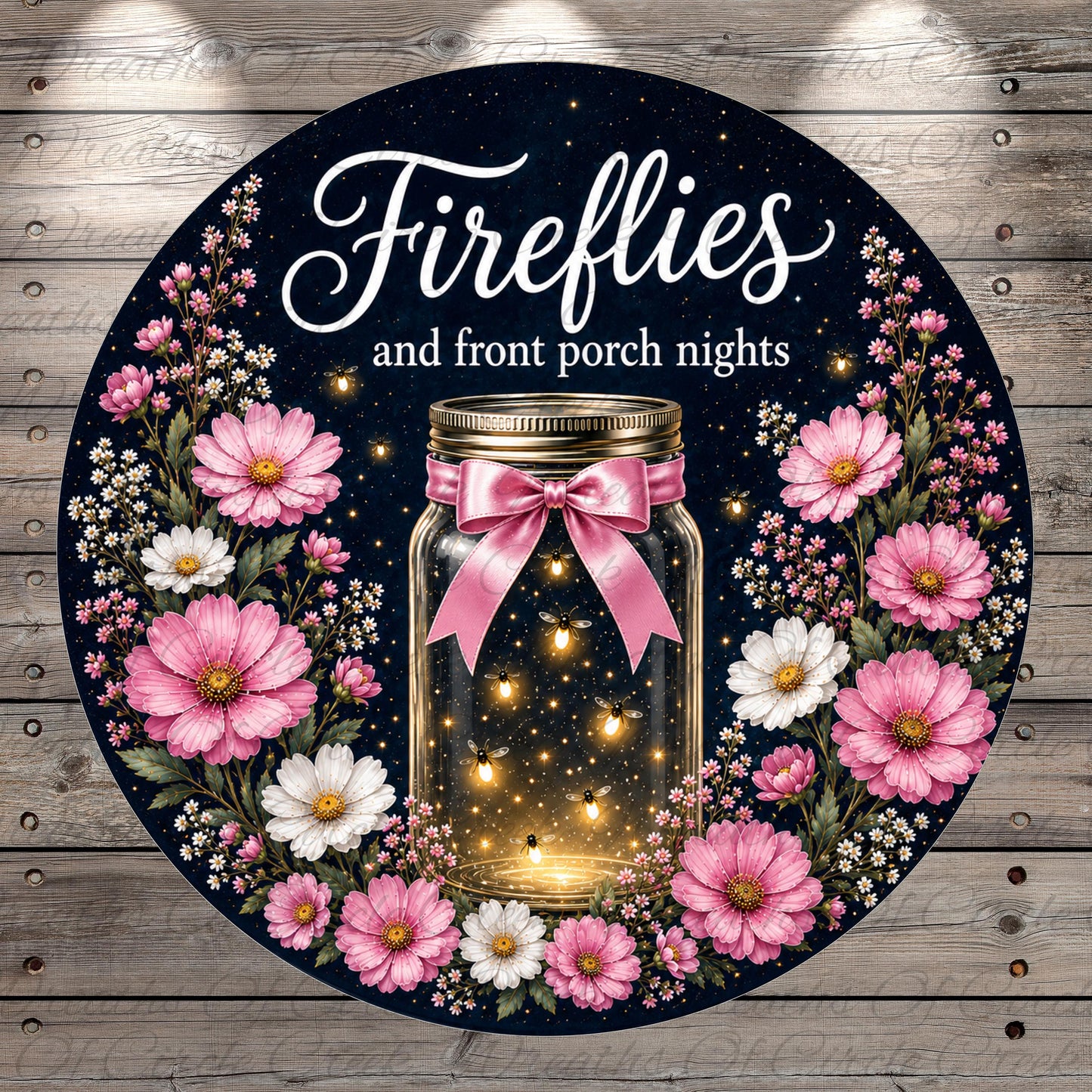 A round sign with a black background and a floral border, featuring a jar with a pink ribbon and a light inside, surrounded by pink and white flowers.