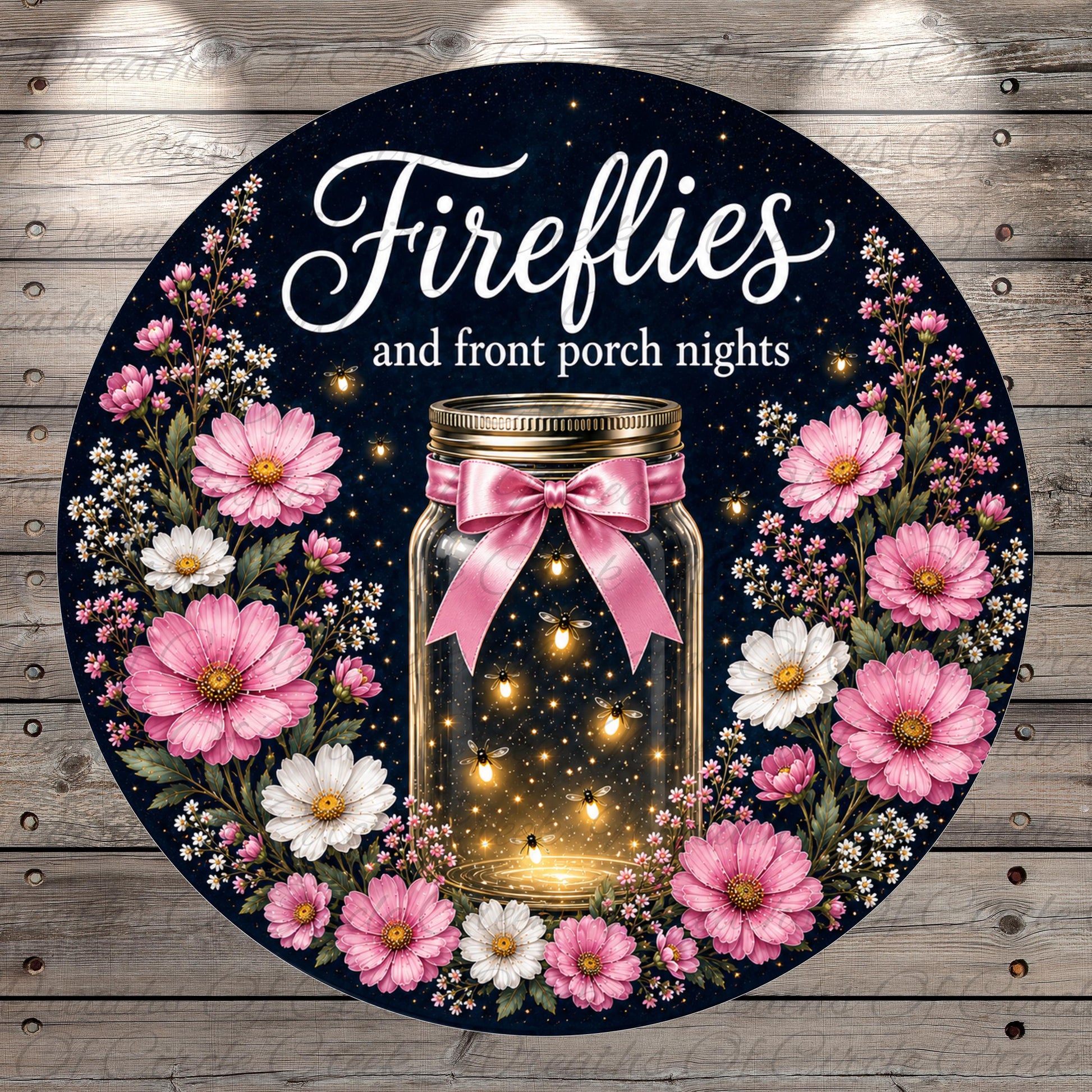 A round sign with a black background and a floral border, featuring a jar with a pink ribbon and a light inside, surrounded by pink and white flowers.