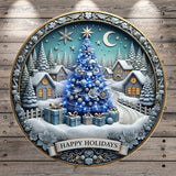 A decorative Christmas tree surrounded by a snowy village scene, with presents and a "Happy Holidays" banner at the bottom.