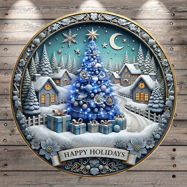 A decorative Christmas tree surrounded by a snowy village scene, with presents and a "Happy Holidays" banner at the bottom.