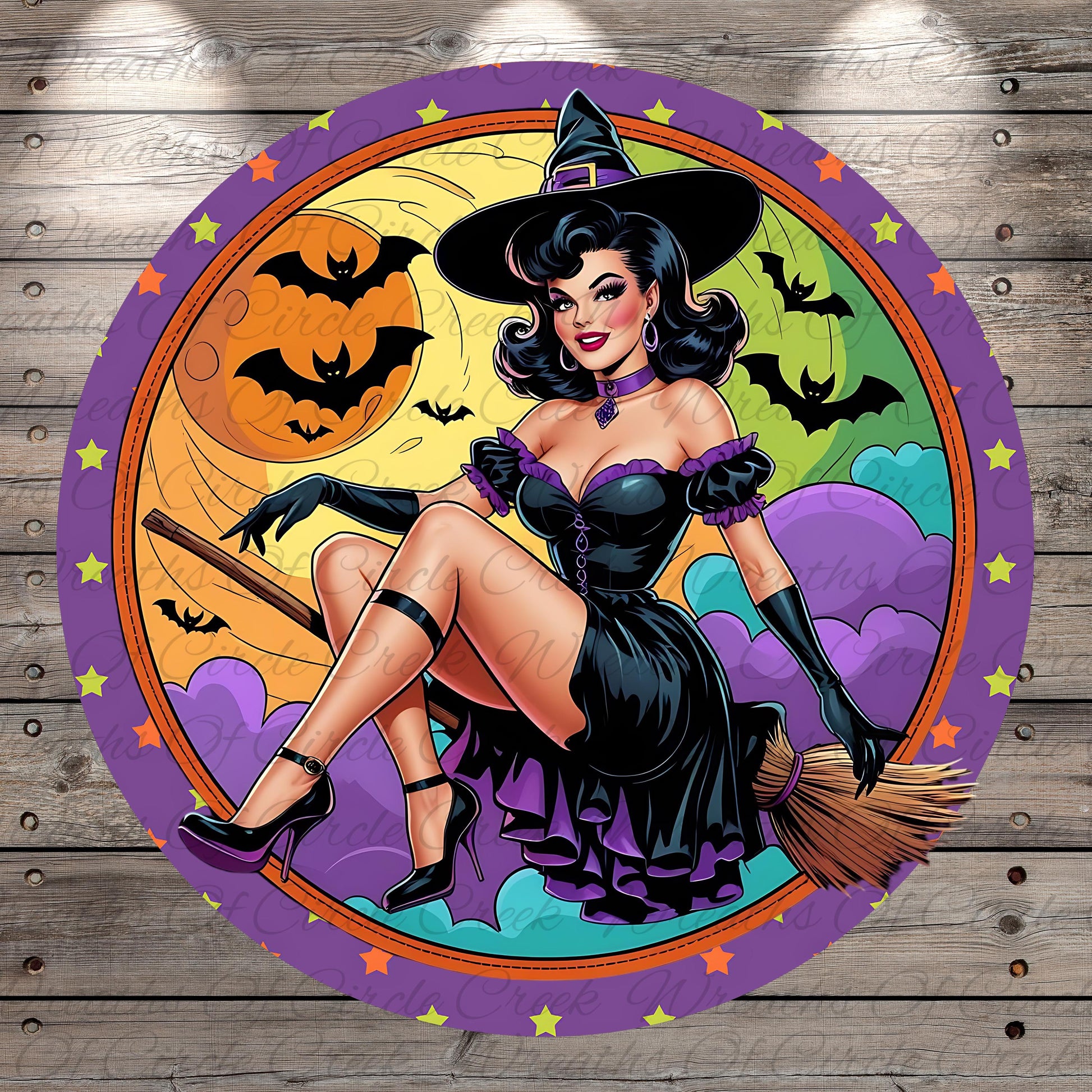A woman dressed as a witch, wearing a black dress and a pointed hat, is depicted in a circular frame with a Halloween-themed background.
