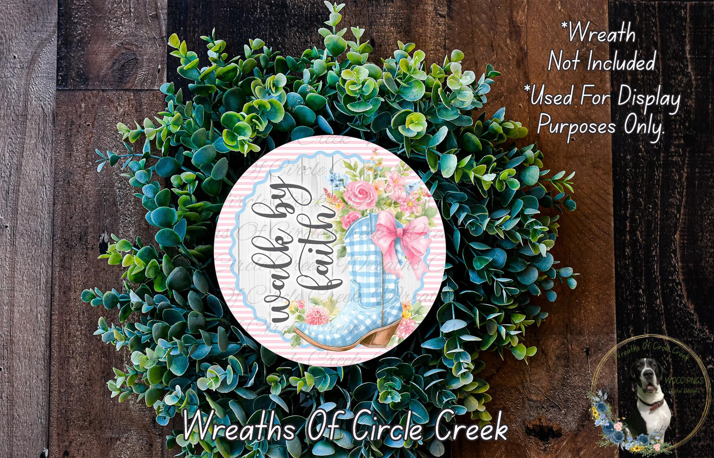 Walk by Faith Boots Sign | Lightweight Round Metal Wreath Sign | No Holes in Sign | Christian Farmhouse Decor