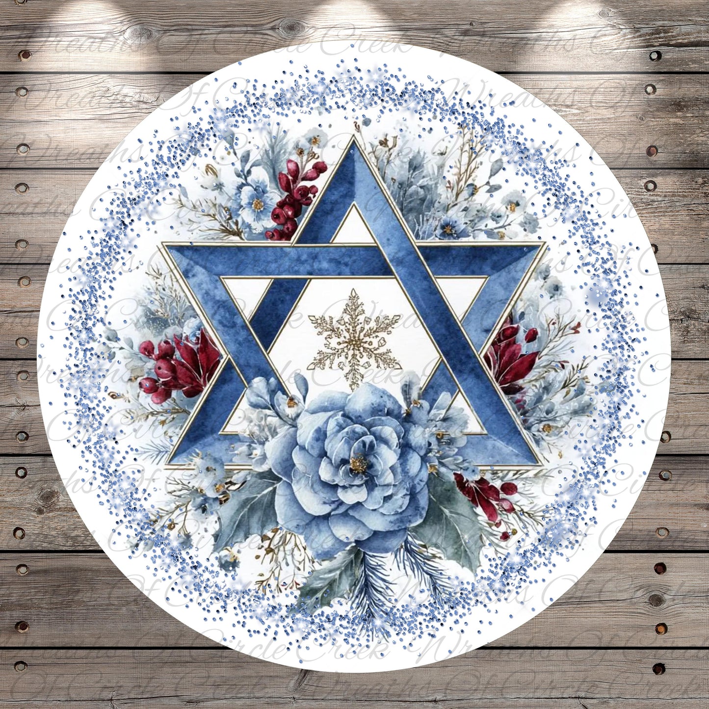 Star of David Hanukkah Sign | Lightweight Round Metal Wreath Sign | No Holes in Sign | Winter Holiday Decor