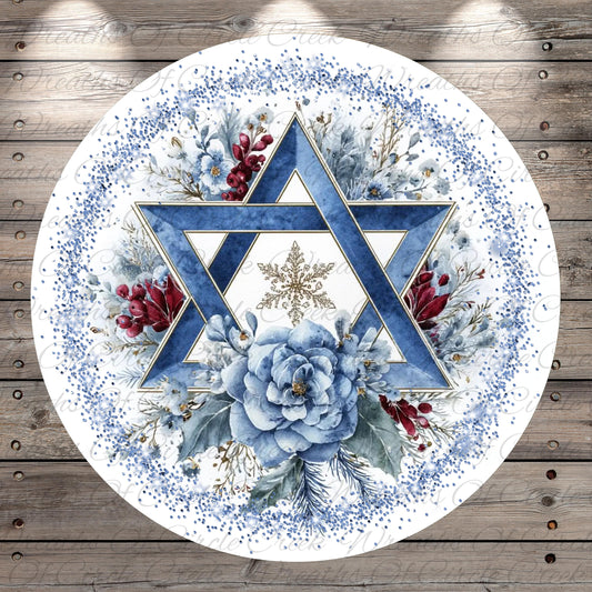 Star of David Hanukkah Sign | Lightweight Round Metal Wreath Sign | No Holes in Sign | Winter Holiday Decor