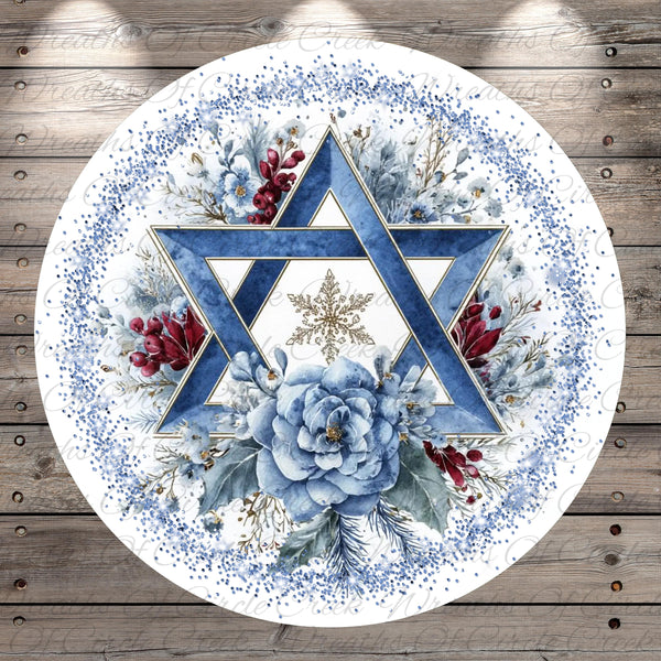 Star of David Hanukkah Sign | Lightweight Round Metal Wreath Sign | No Holes in Sign | Winter Holiday Decor