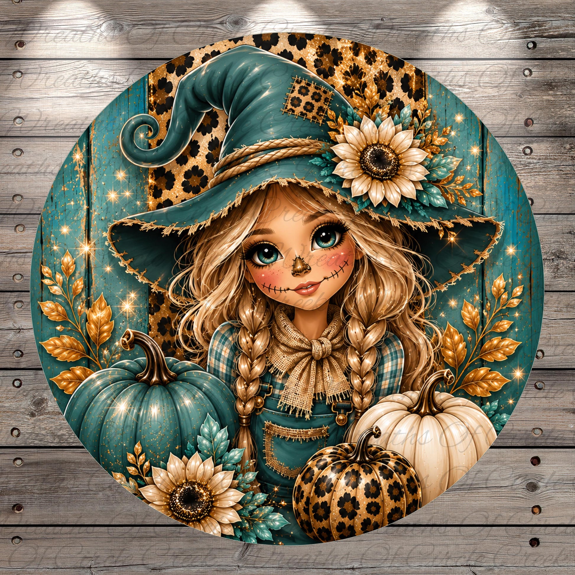 A whimsical illustration of a young girl with blonde hair, wearing a green witch's hat, surrounded by pumpkins, flowers, and leopard print elements against a wooden background.