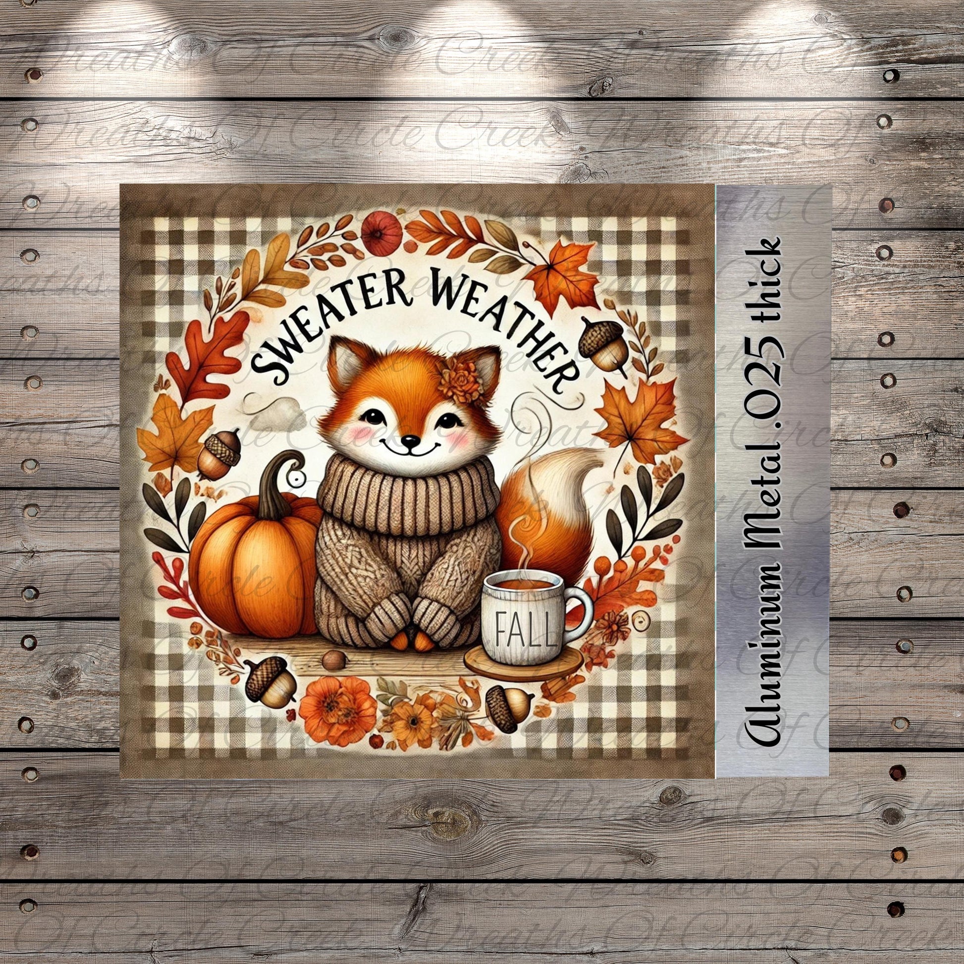 A cozy illustration of a cat wearing a sweater and surrounded by autumn elements such as pumpkins, leaves, and flowers, with the text "Sweater Weather" and "FALL" prominently displayed.