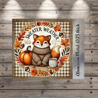 A cozy illustration of a cat wearing a sweater and surrounded by autumn elements such as pumpkins, leaves, and flowers, with the text "Sweater Weather" and "FALL" prominently displayed.