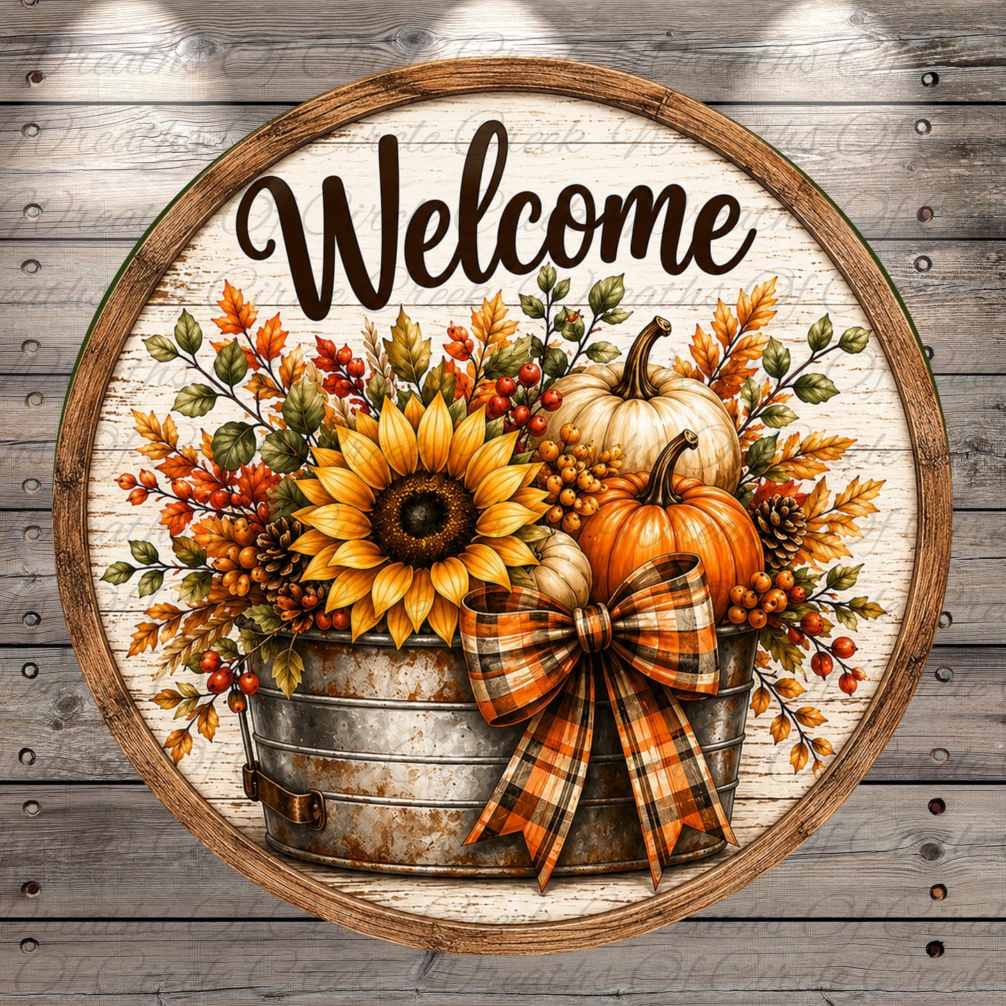 A circular wooden sign with a rustic, autumnal design. The sign features a metal bucket filled with sunflowers, pumpkins, and other fall-themed decorations. The word "Welcome" is written in cursive above the bucket.
