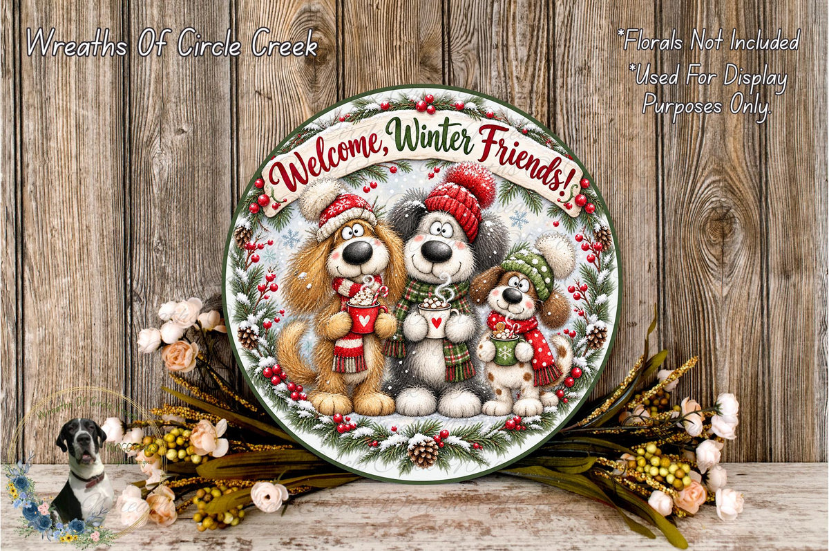 A decorative plate featuring three cartoon dogs wearing winter hats and scarves, surrounded by a wreath of flowers and pine cones, with the text "Welcome, Winter Friends!"