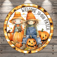 Scarecrow Couple, Welcome To Our Patch, Sunflowers, Plaid, Round, Light Weight, Metal, Wreath Sign, No Holes In Sign