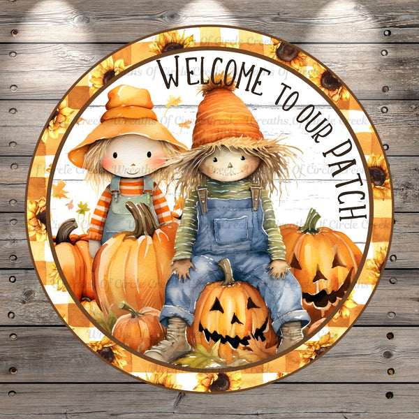 Scarecrow Couple, Welcome To Our Patch, Sunflowers, Plaid, Round, Light Weight, Metal, Wreath Sign, No Holes In Sign