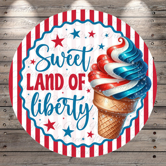 a colorful ice cream cone with red, white, and blue swirls, surrounded by a patriotic design with stars and stripes.