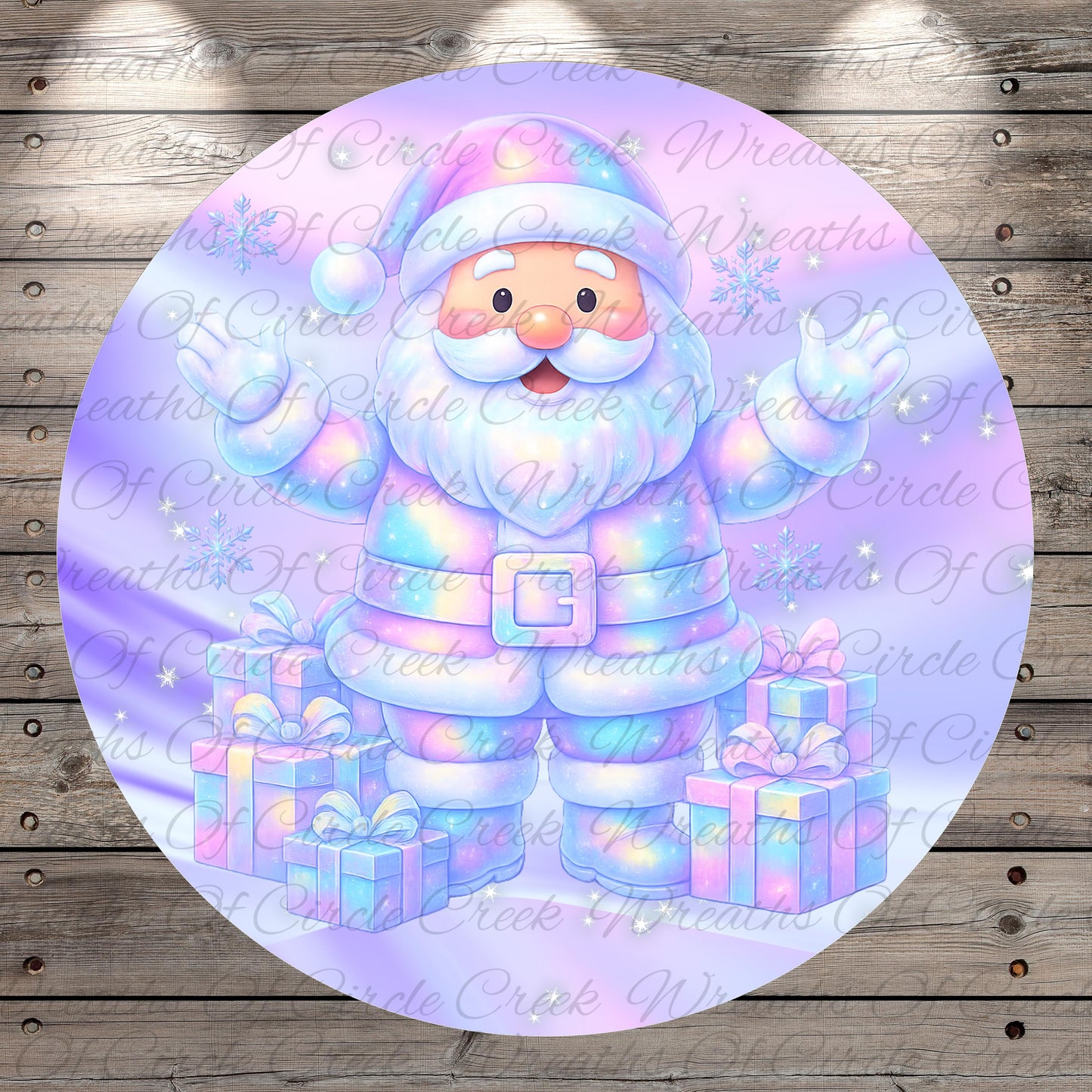 A colorful illustration of Santa Claus surrounded by presents and snowflakes, set against a purple background with a wooden texture.